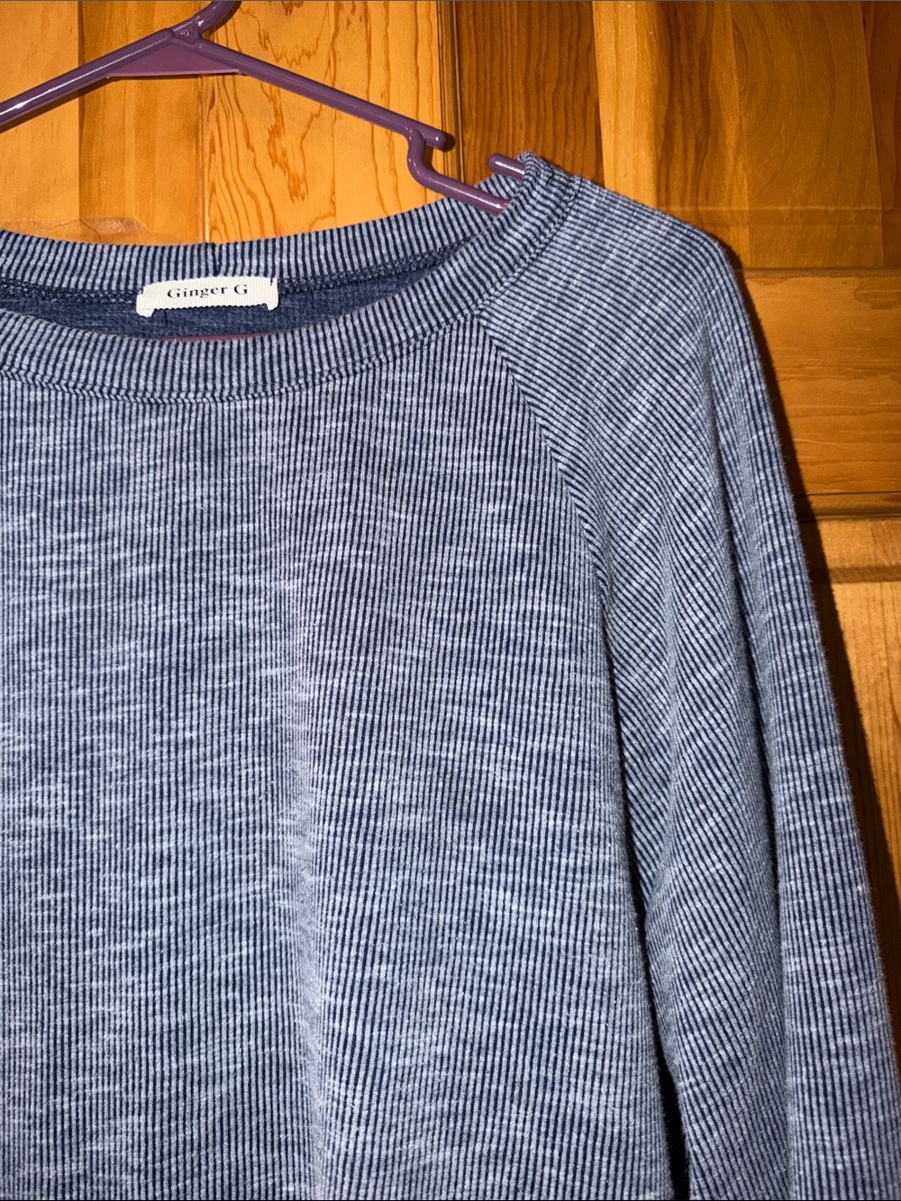 Ginger G Heathered Light Blue Ribbed Crew Neck Top
